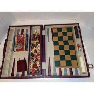 Vintage Multi Game Tournament Backgammon Chess Burgundy Case Wooden Pieces